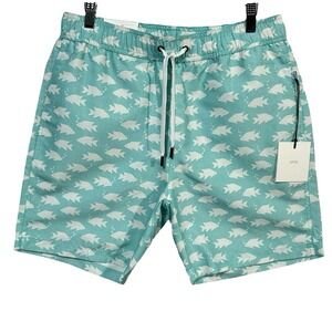 Onia Men's Lined Swim Trunks Size L (34X7) Aqua-White Fish Ocean Print Quick Dry